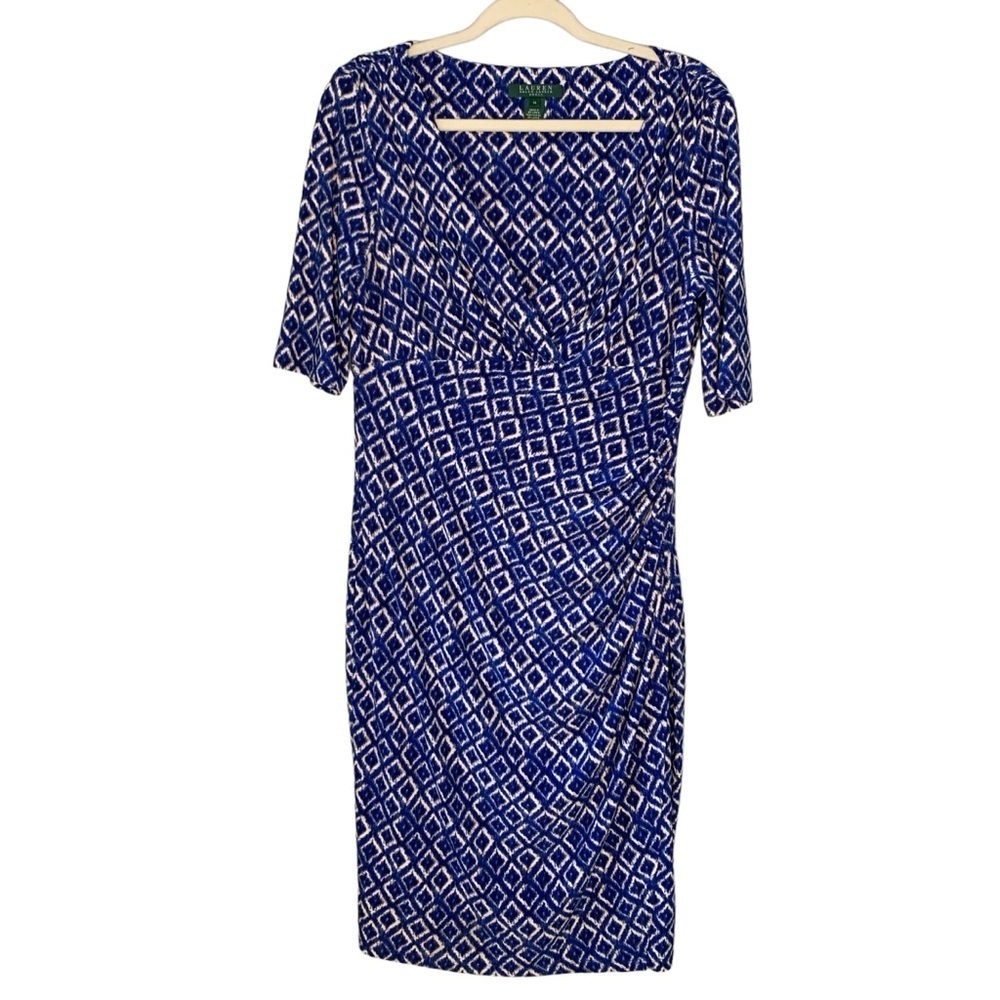 Lauren Ralph Lauren blue Aztec ruched‎ short sleeve midi dress. EUC Size 14